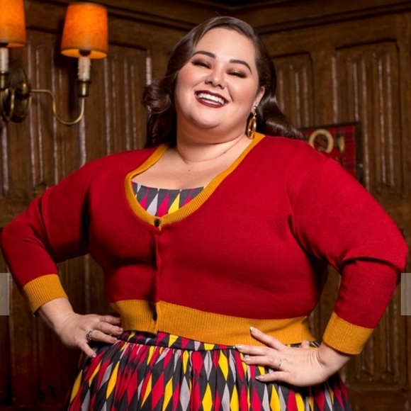 Retired Elhoffer Design House Cropped Cardigan In Solid Red With Yellow Accent - Picture 3 of 7